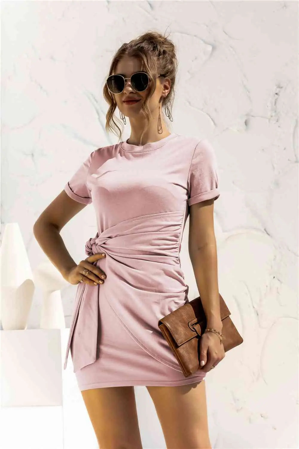 Round Neck Cuffed Sleeve Side Tie Dress -BazaarBey - www.shopbazaarbey.com