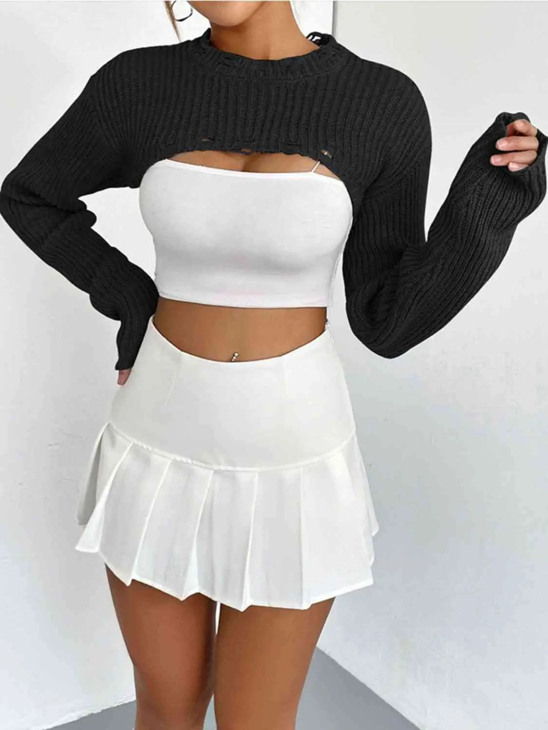 Distressed Long Sleeve Cropped Sweater Trendsi