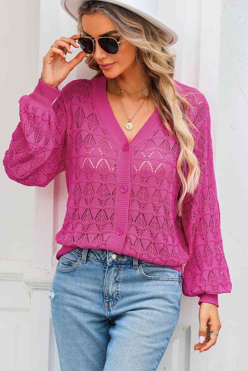Openwork V-Neck Cardigan Bazaarbey