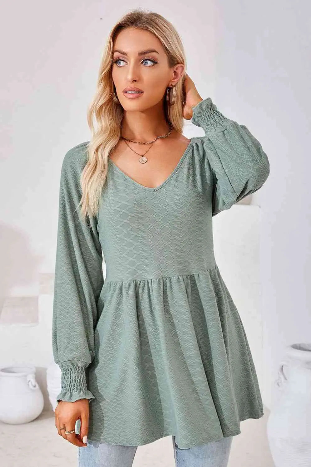 V-Neck Lantern Sleeve Blouse Bazaarbey
