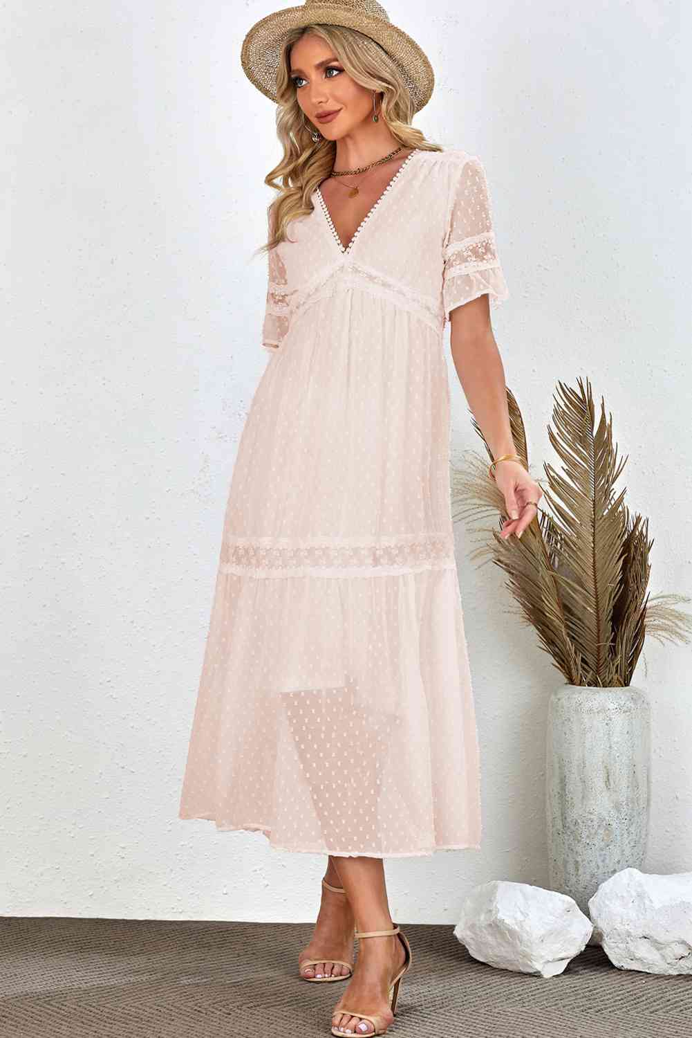  V-Neck Short Sleeve Midi Dress -BazaarBey - www.shopbazaarbey.com