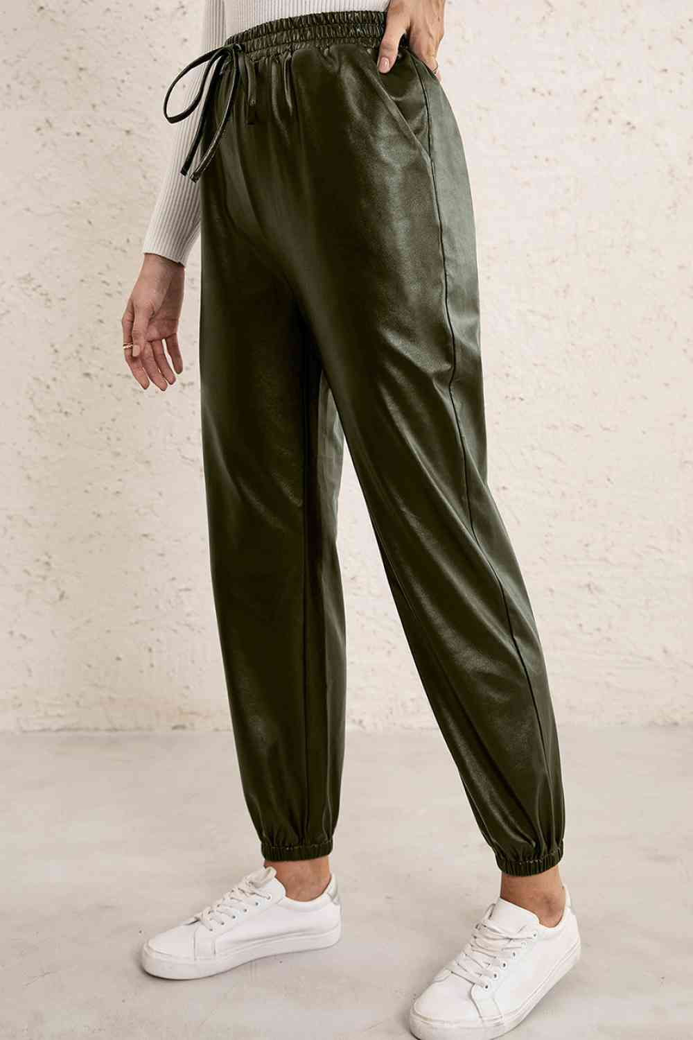 Elastic Waist PU Leather Joggers Bazaarbey