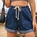 Drawstring High Waist Denim Shorts with Pockets Bazaarbey