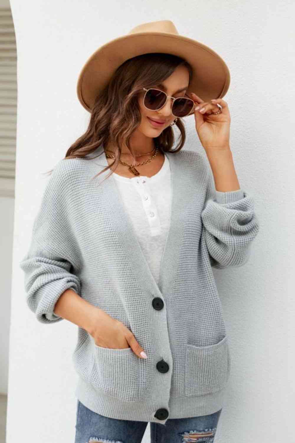 BazaarBey Waffle-Knit Dropped Shoulder Cardigan Bazaarbey