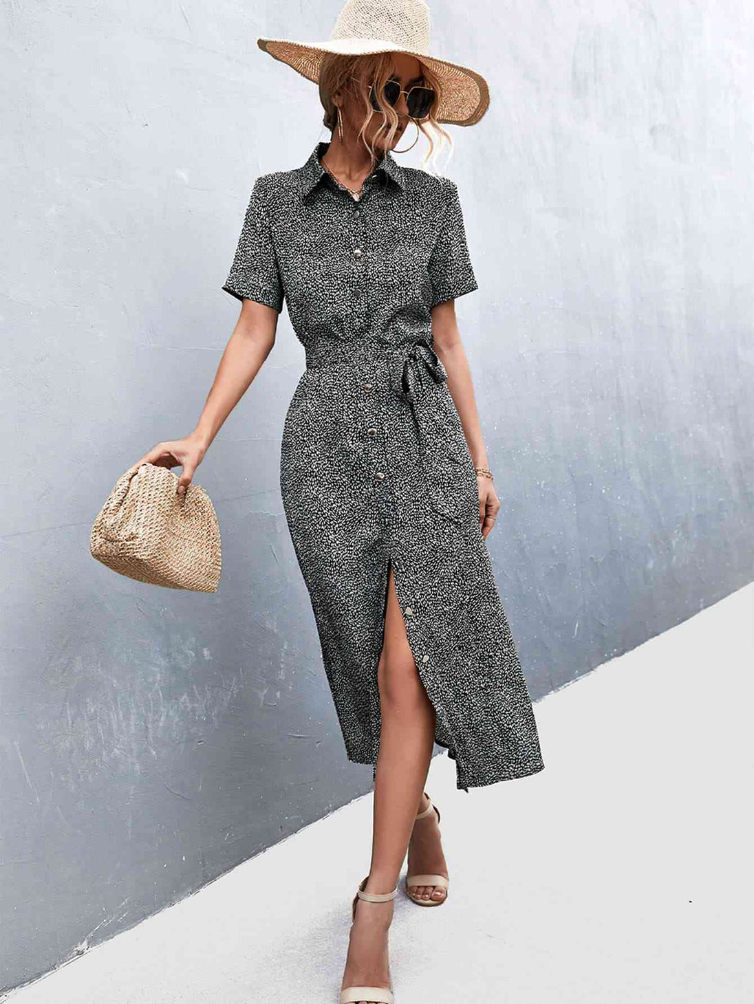 Printed Tie Waist Short Sleeve Shirt Dress -BazaarBey - www.shopbazaarbey.com
