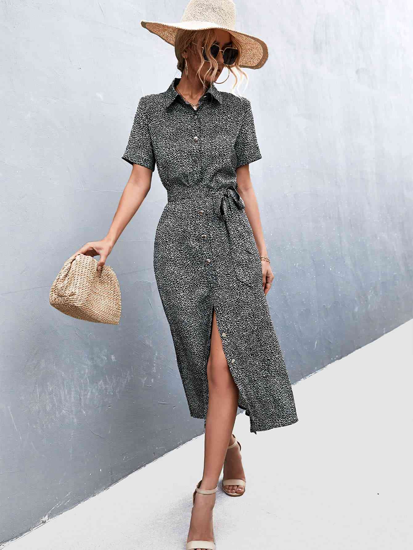 Printed Tie Waist Short Sleeve Shirt Dress -BazaarBey - www.shopbazaarbey.com
