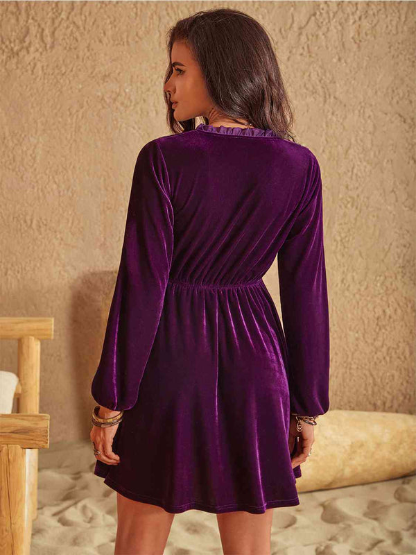 Ruffled V-Neck Long Sleeve Dress -BazaarBey - www.shopbazaarbey.com