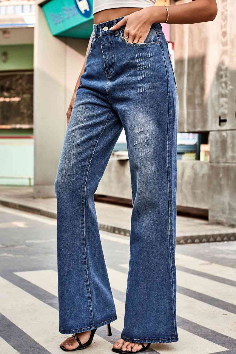 Buttoned Loose Fit Jeans with Pockets Bazaarbey