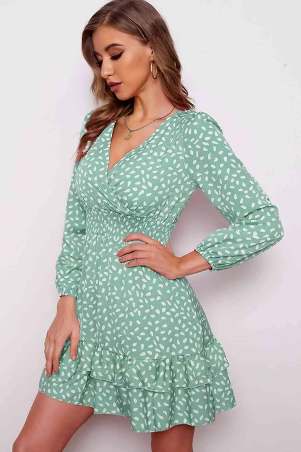 Printed  Neck Puff Sleeve Ruffle Hem Dress -BazaarBey - www.shopbazaarbey.com