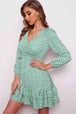 Printed  Neck Puff Sleeve Ruffle Hem Dress -BazaarBey - www.shopbazaarbey.com