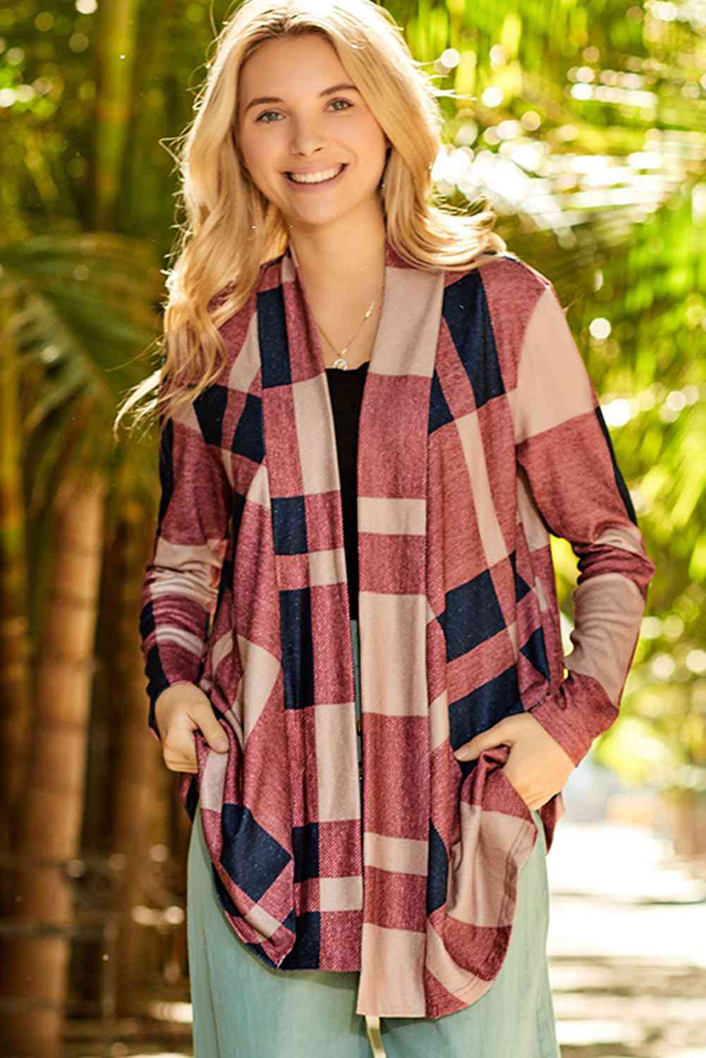 Plaid Open Front Cardigan Trendsi