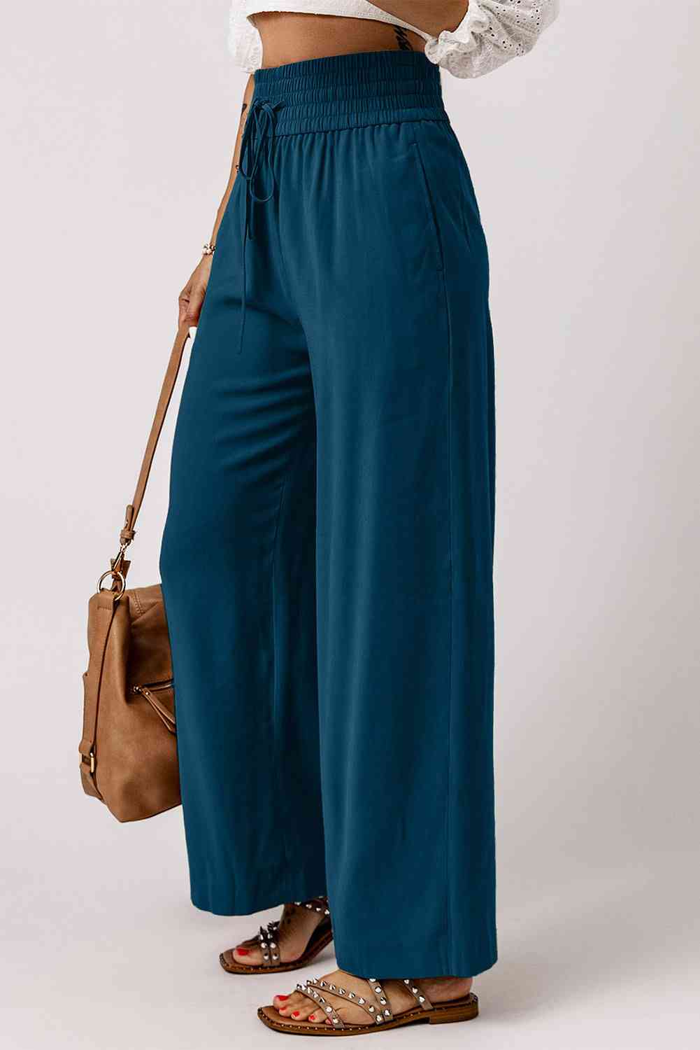 Drawstring Smocked Waist Wide Leg Pants Bazaarbey