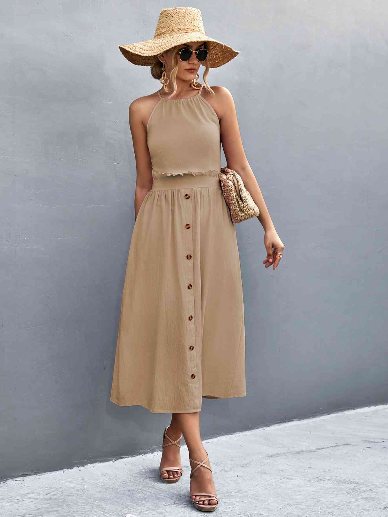 Buttoned Halter Neck Frill Trim Midi Dress -BazaarBey - www.shopbazaarbey.com