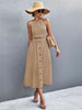 Buttoned Halter Neck Frill Trim Midi Dress -BazaarBey - www.shopbazaarbey.com