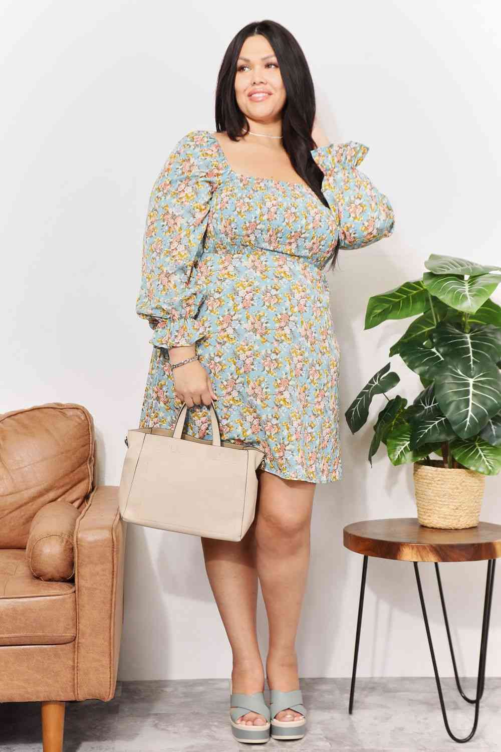  Floral Smocked Flounce Sleeve Square Neck Dress -BazaarBey - www.shopbazaarbey.com