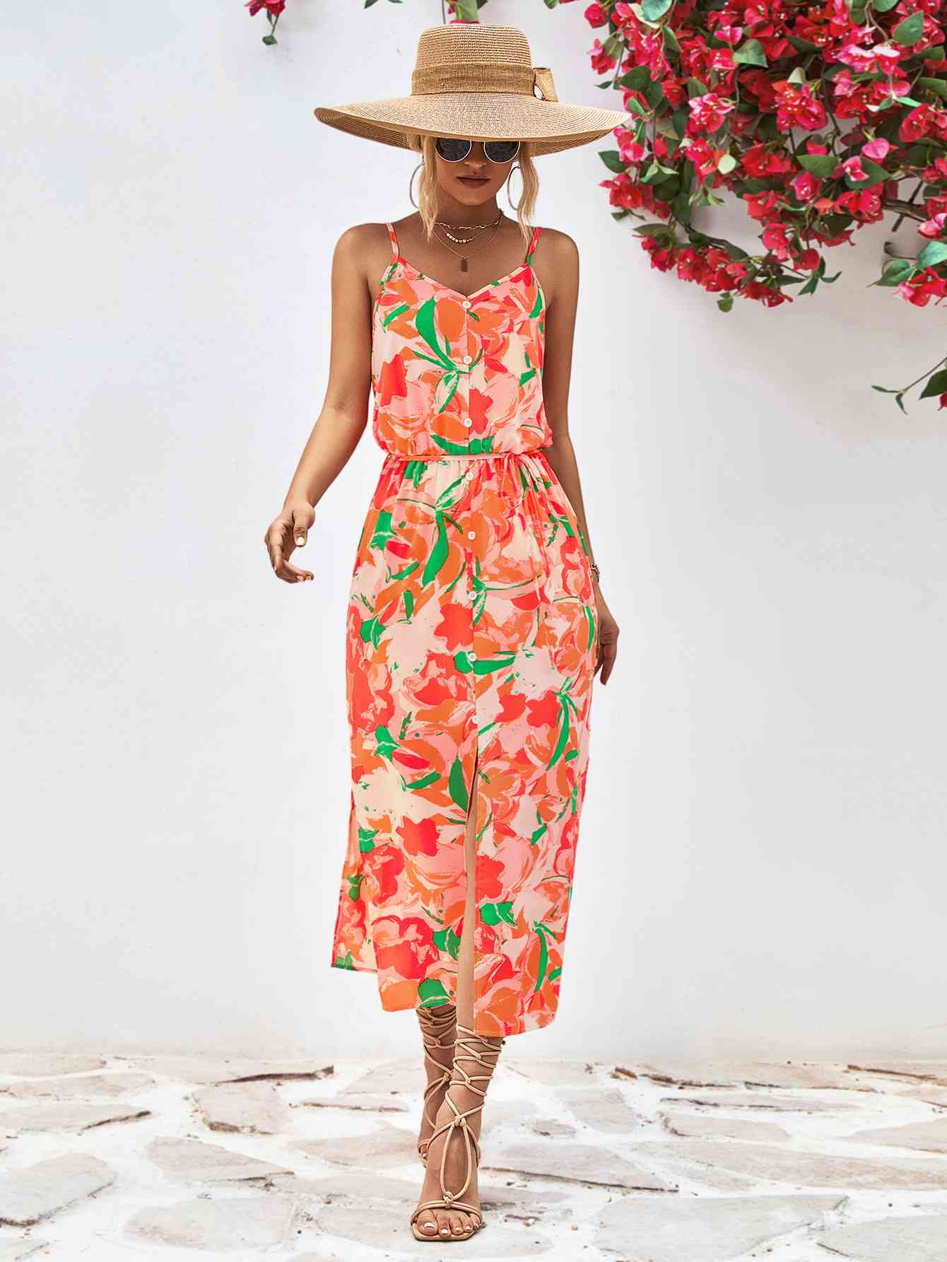 Printed Spaghetti Strap Front Slit Dress -BazaarBey - www.shopbazaarbey.com