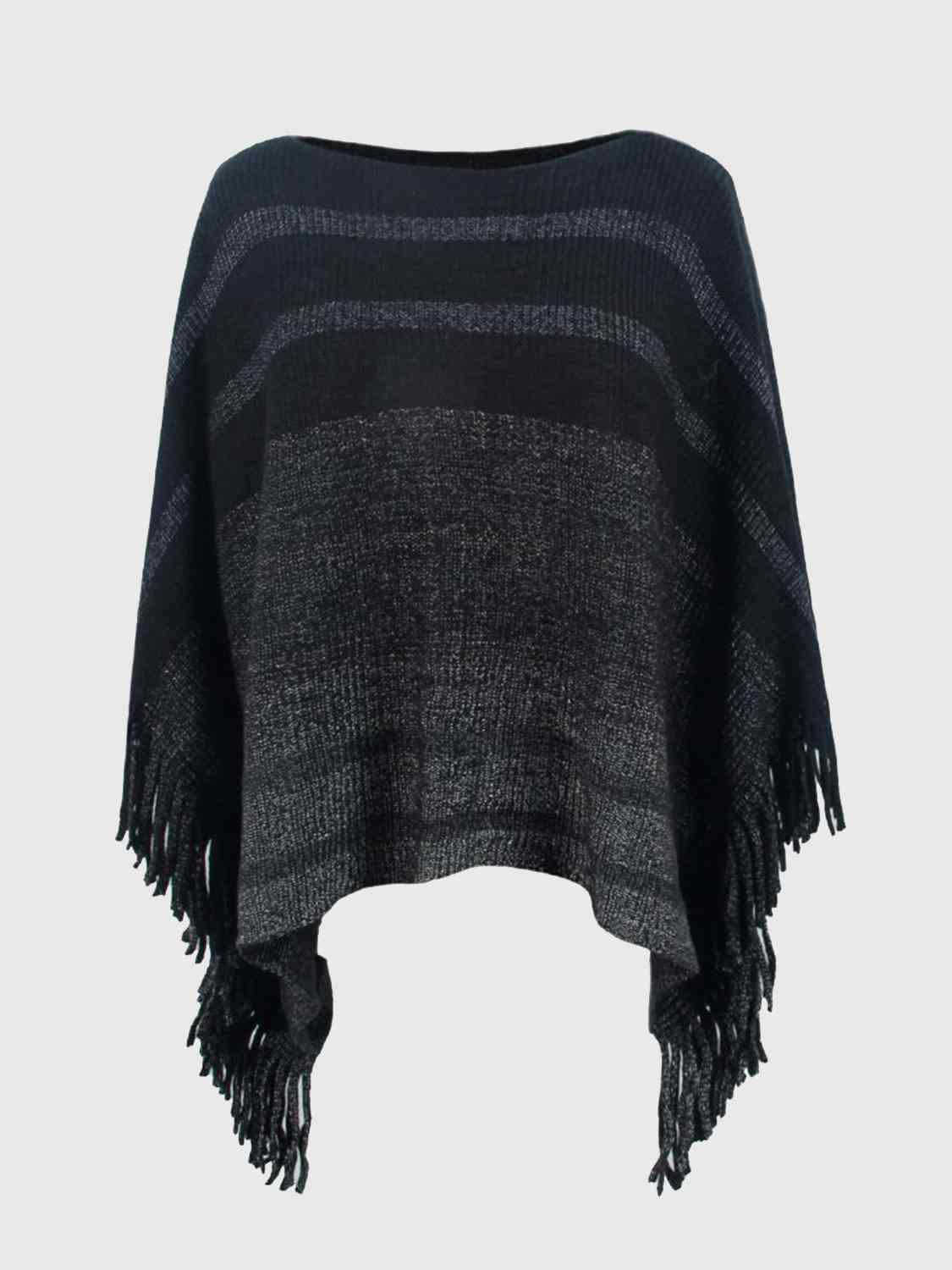 Striped Boat Neck Poncho with Fringes Bazaarbey