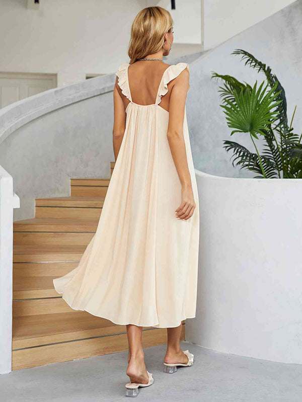 Ruffled V-Neck Midi Dress -BazaarBey - www.shopbazaarbey.com