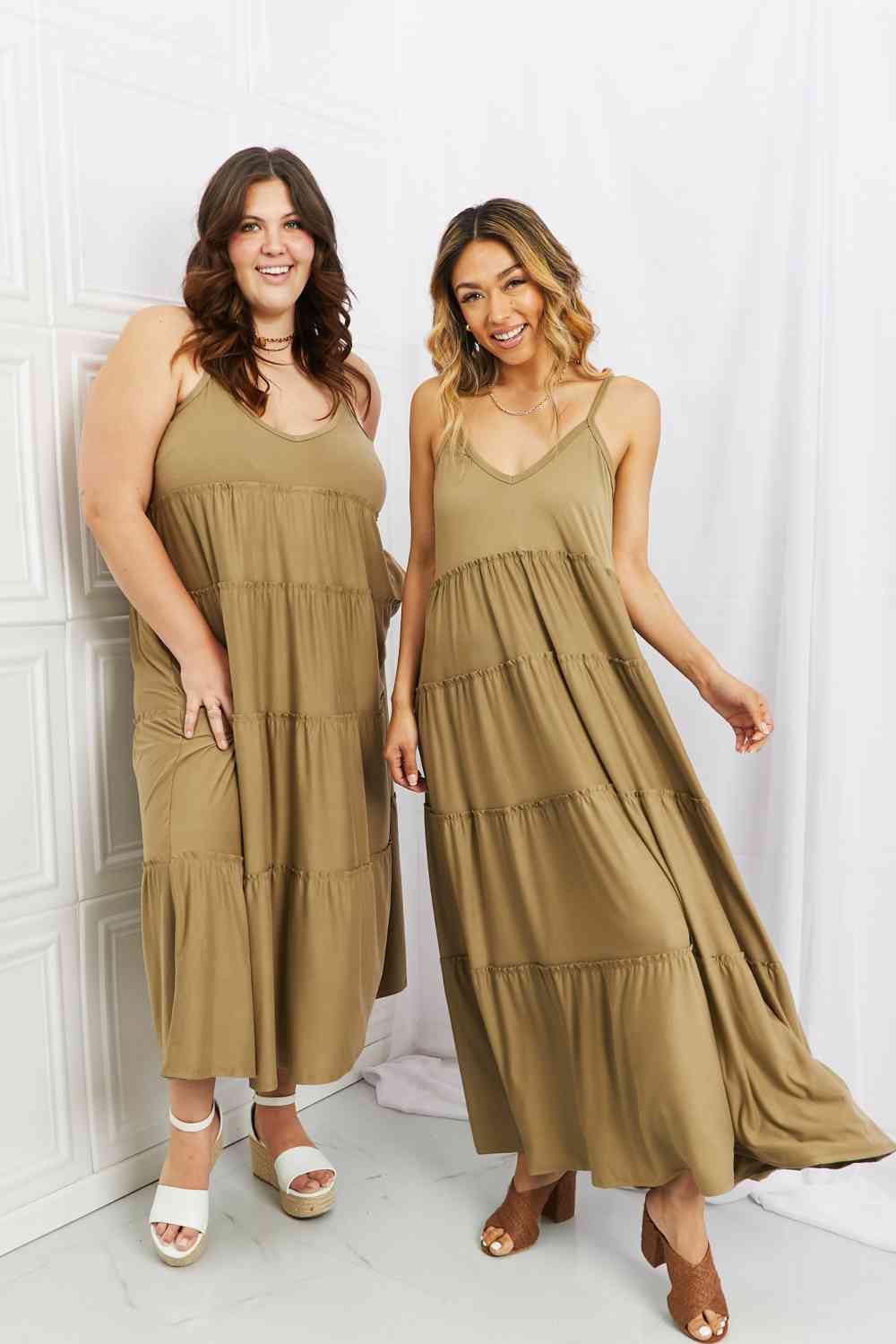 Zenana Full Size Spaghetti Strap Tiered Dress with Pockets in Khaki -BazaarBey - www.shopbazaarbey.com