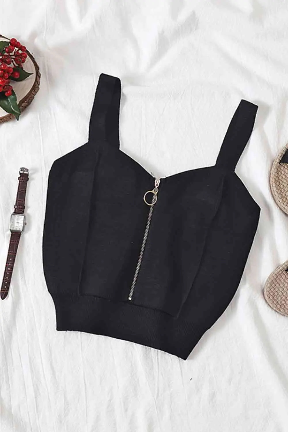 Zip-Up Cutout Sleeveless Knit Top Trendsi