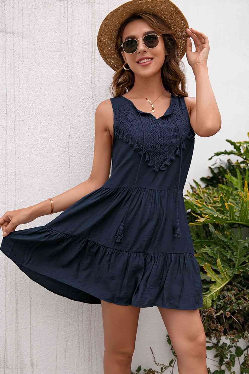 Tassel Tie Lace Trim Sleeveless Dress -BazaarBey - www.shopbazaarbey.com