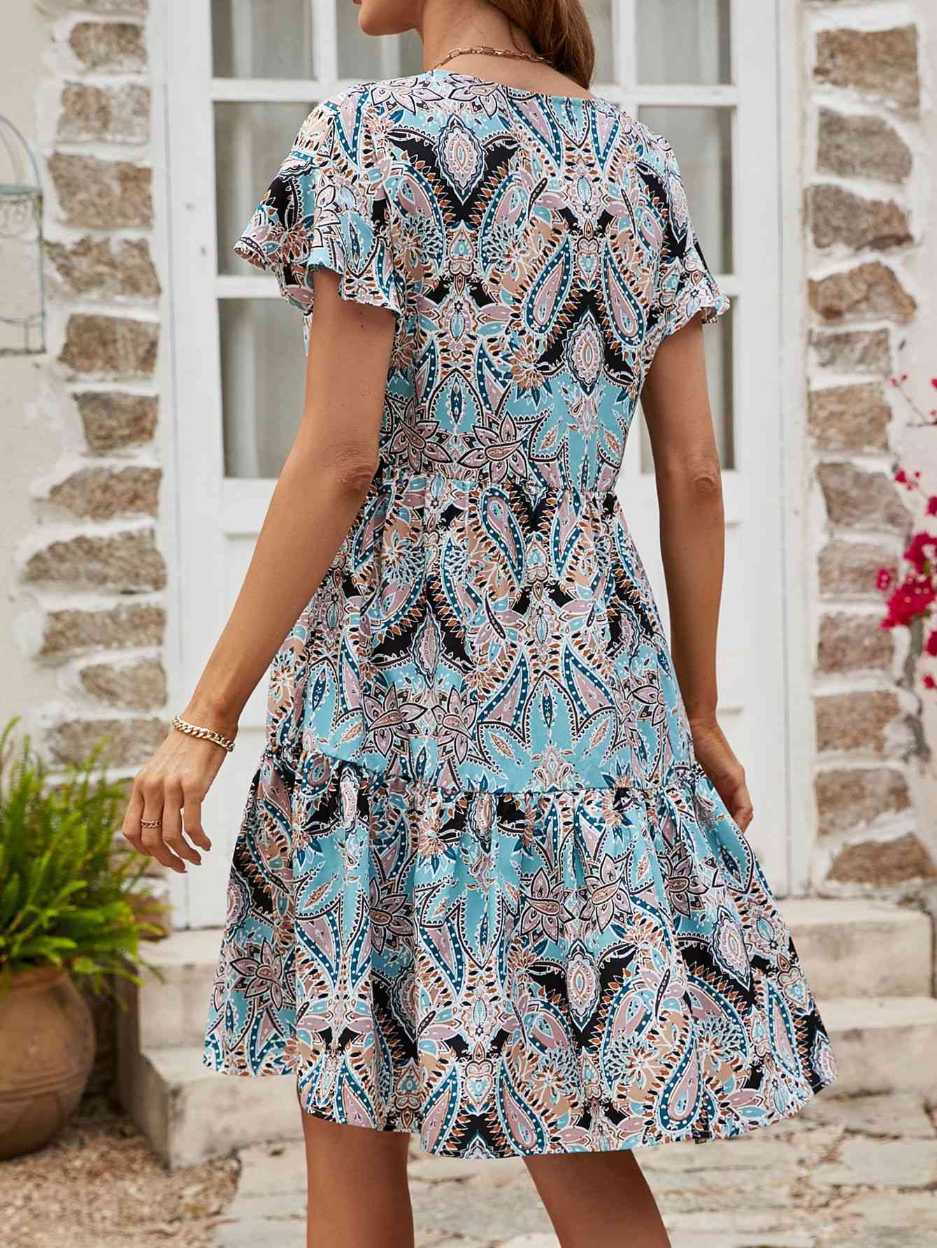 Printed V-Neck Tiered Dress -BazaarBey - www.shopbazaarbey.com