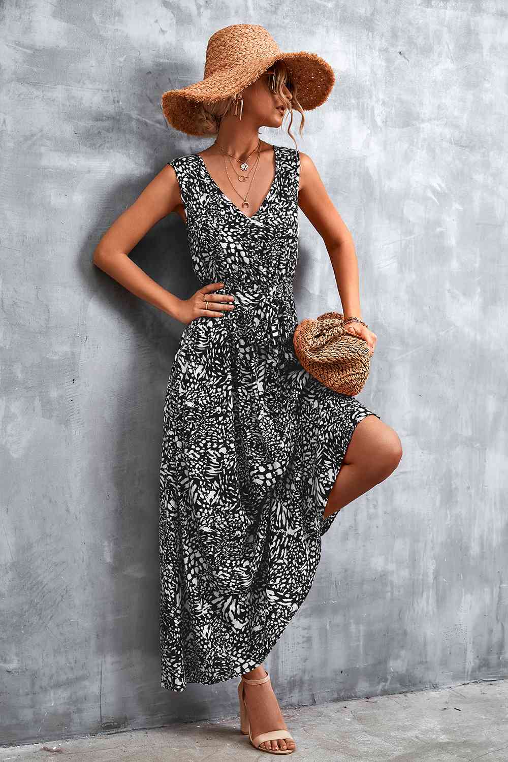 Printed V-Neck Tie Waist Maxi Dress Bazaarbey