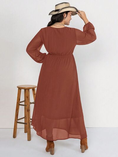 Plus Size Embroidered Tie Neck Long Sleeve Dress -BazaarBey - www.shopbazaarbey.com