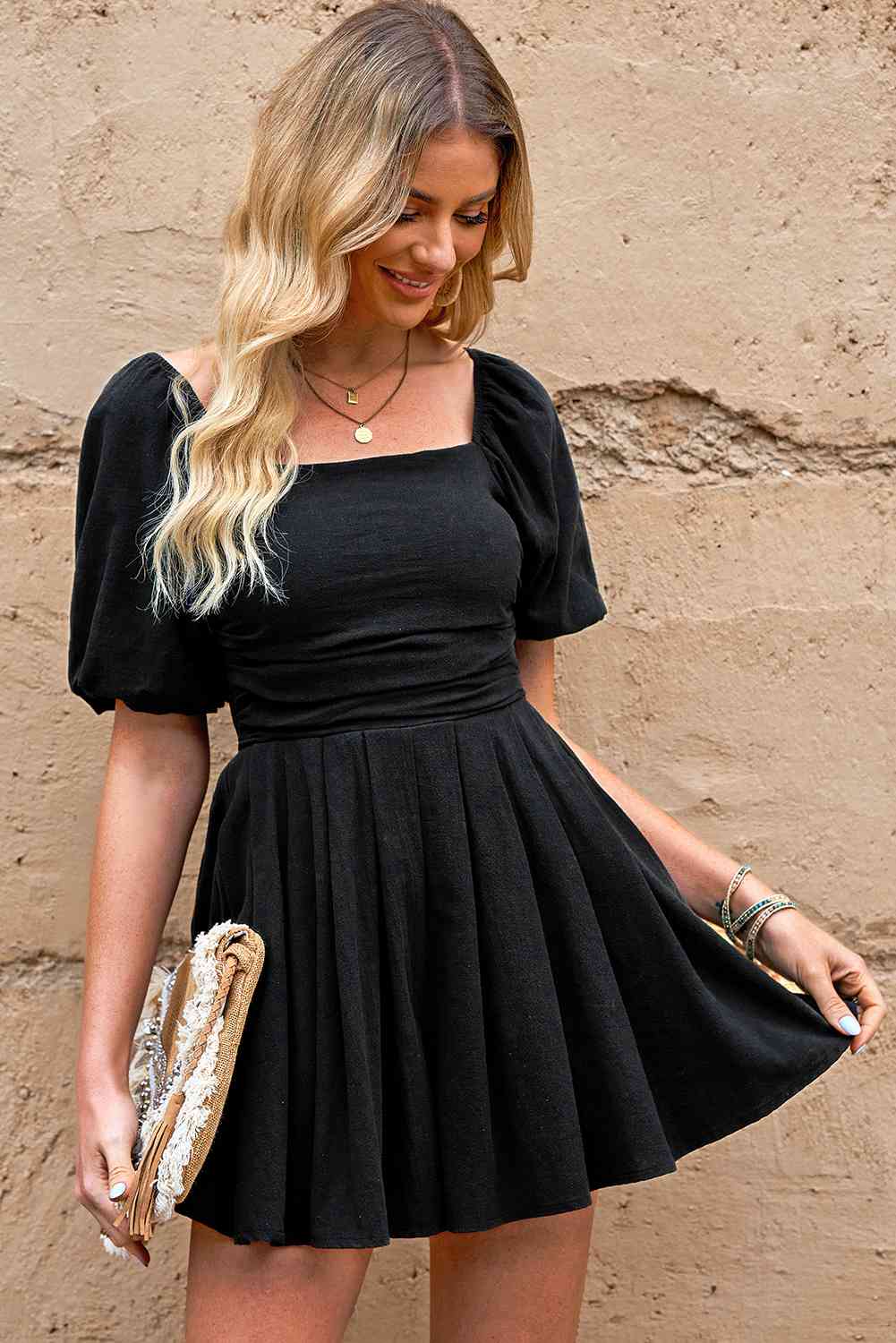 Square Neck Pleated Romper with Pockets -BazaarBey - www.shopbazaarbey.com