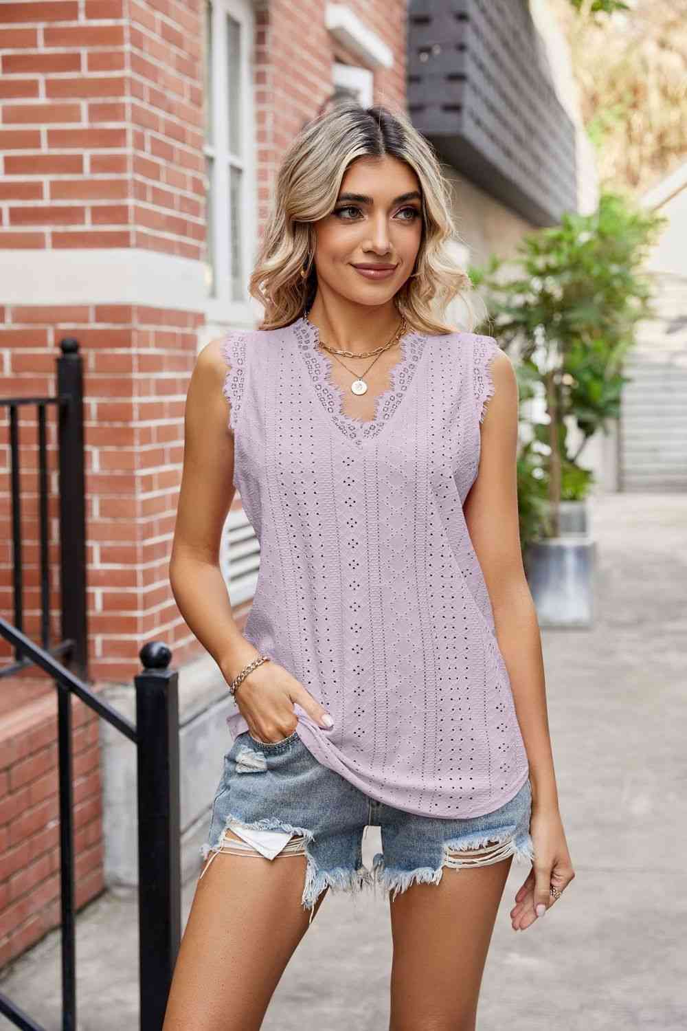  Lace Trim Eyelash V-Neck Tank Bazaarbey