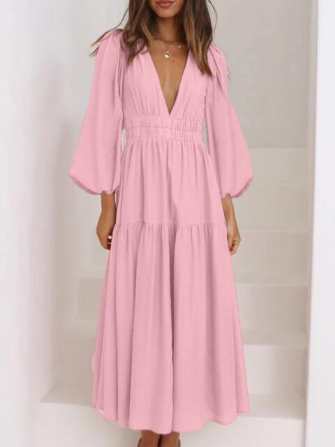 Deep V-Neck Balloon Sleeve Plain Maxi Dress Bazaarbey