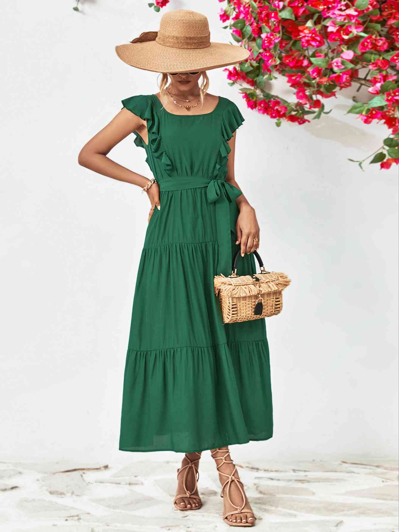 Tie Belt Ruffled Tiered Dress -BazaarBey - www.shopbazaarbey.com