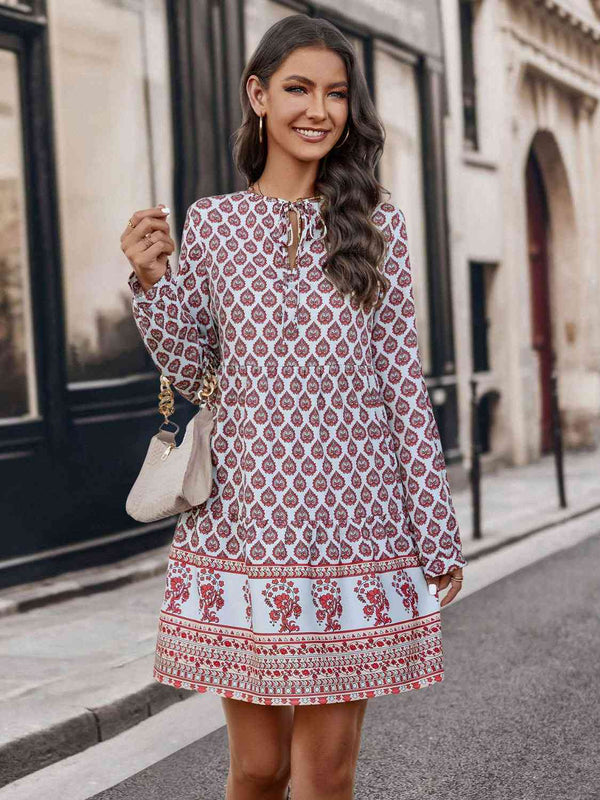Printed Tie Neck Long Sleeve Dress -BazaarBey - www.shopbazaarbey.com