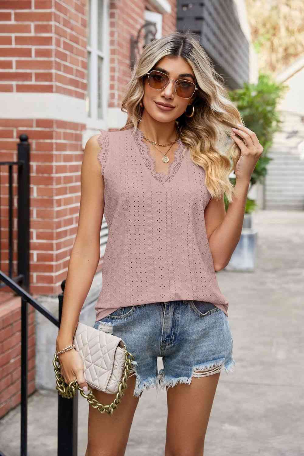  Lace Trim Eyelash V-Neck Tank Bazaarbey