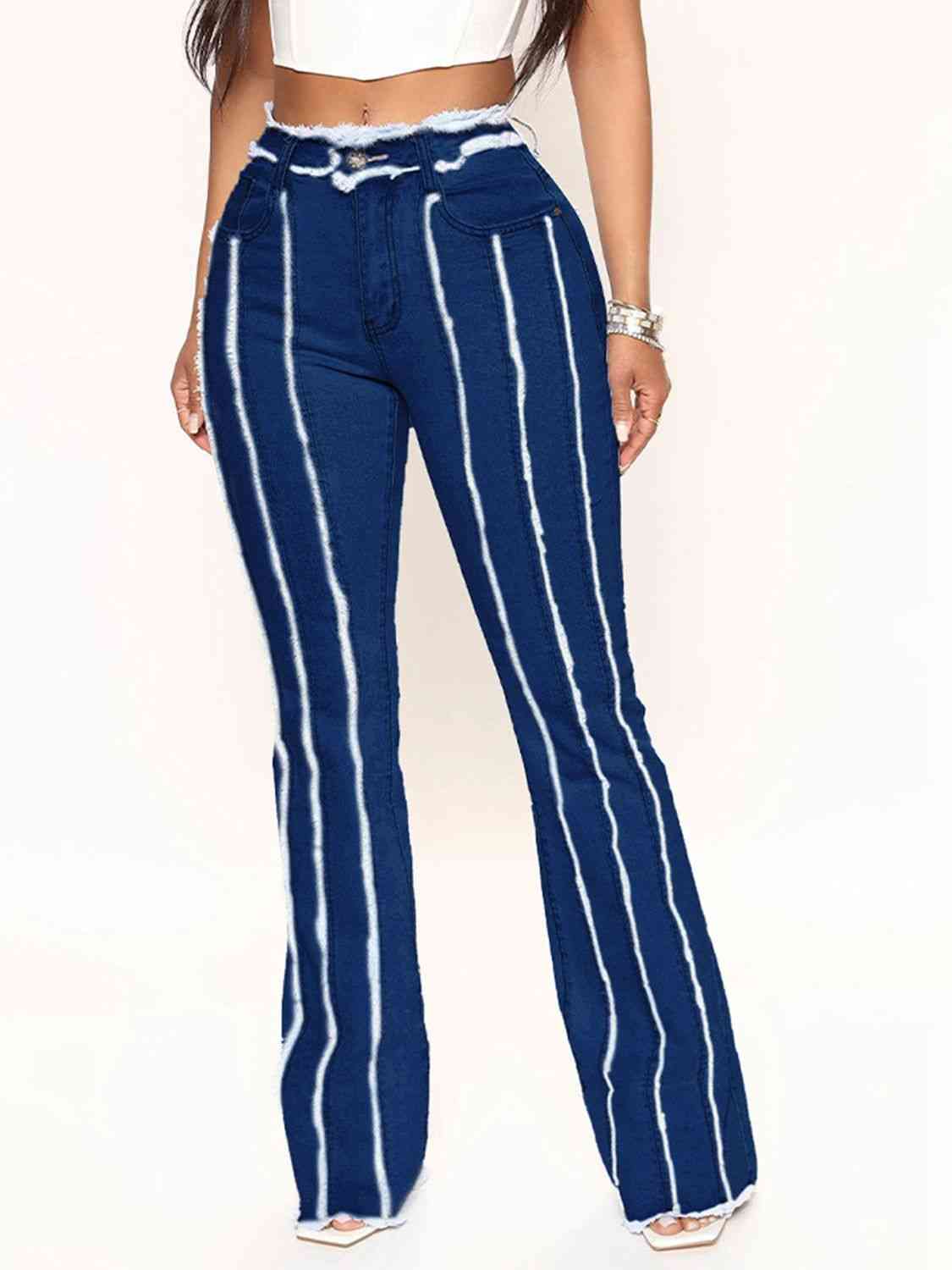 Striped Raw Hem Jeans Trendsi