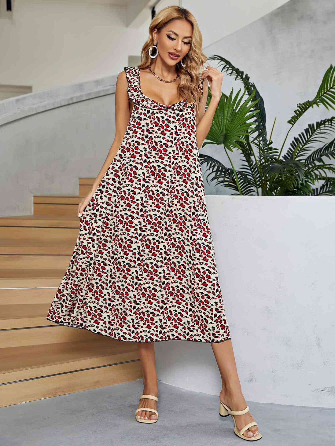 Printed Ruffled Sleeveless Midi Dress -BazaarBey - www.shopbazaarbey.com