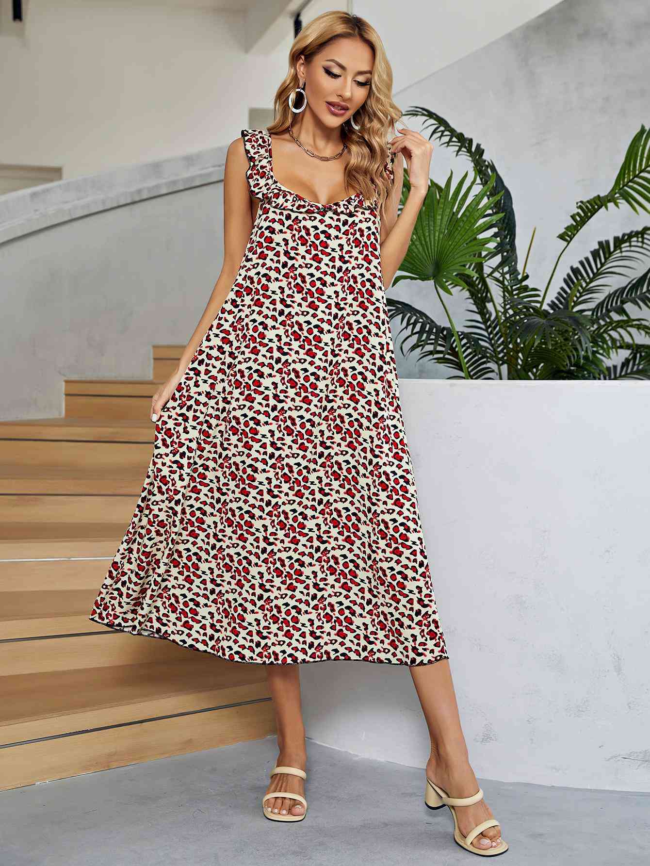 Printed Ruffled Sleeveless Midi Dress -BazaarBey - www.shopbazaarbey.com