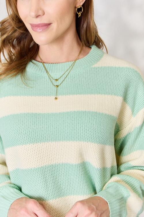 Sew In Love Full Size Contrast Striped Round Neck Sweater Bazaarbey