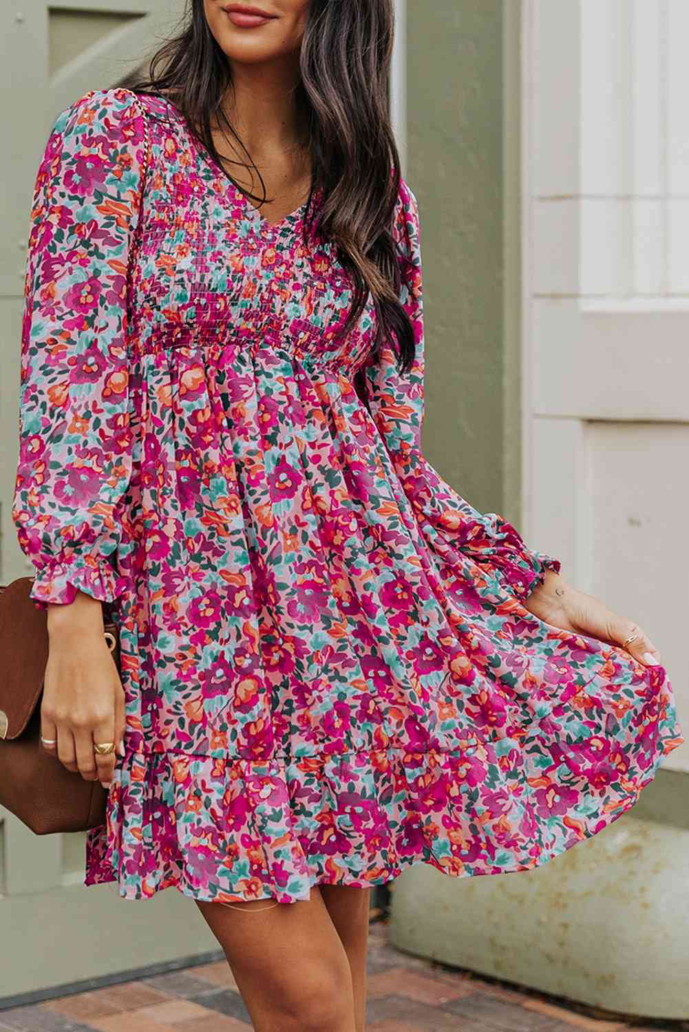 Floral Smocked V-Neck Flounce Sleeve Dress -BazaarBey - www.shopbazaarbey.com