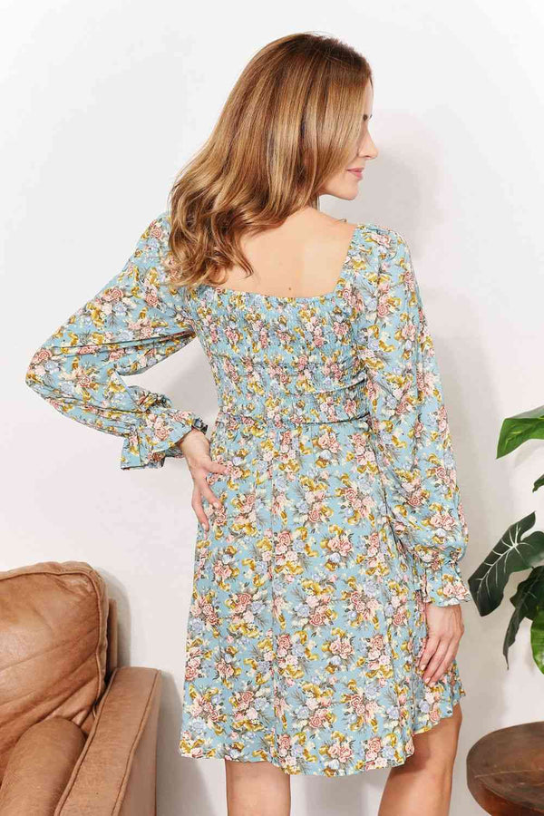  Floral Smocked Flounce Sleeve Square Neck Dress -BazaarBey - www.shopbazaarbey.com