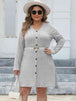 Plus Size Ribbed Buttoned V-Neck Long Sleeve Dress -BazaarBey - www.shopbazaarbey.com