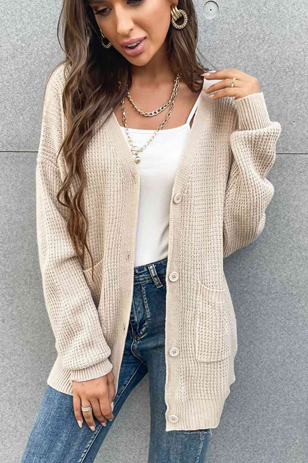 Button Front Drop Shoulder Waffle Cardigan Bazaarbey