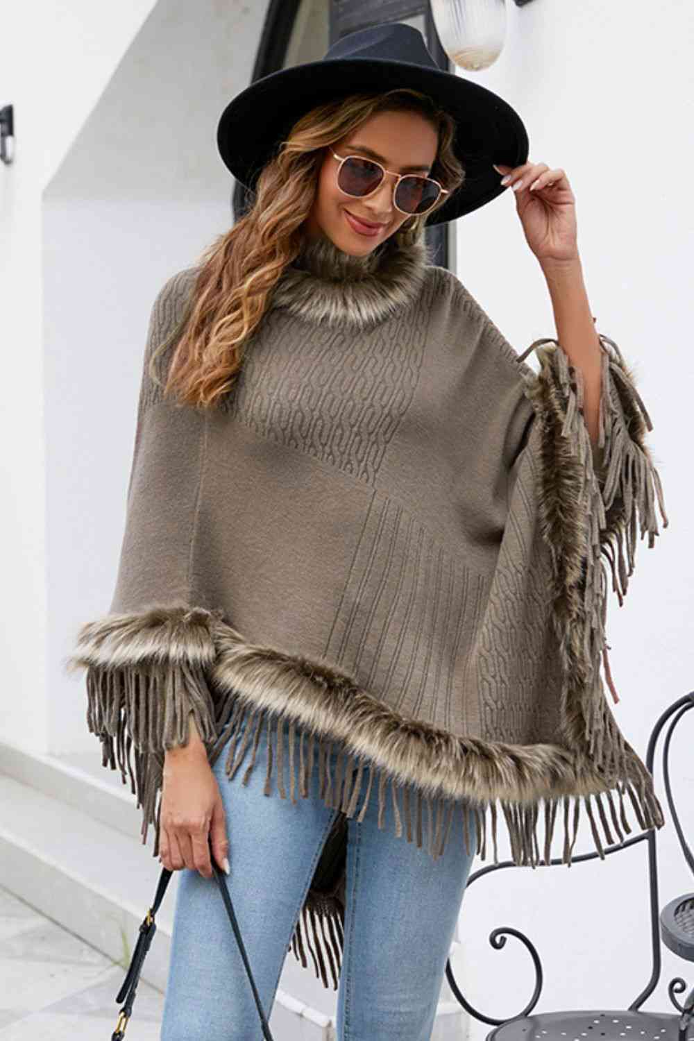 Faux Fur Trim Fringed Poncho Bazaarbey