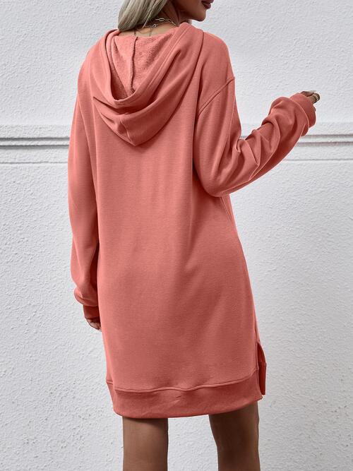 Slit Long Sleeve Hooded Dress with Pocket -BazaarBey - www.shopbazaarbey.com
