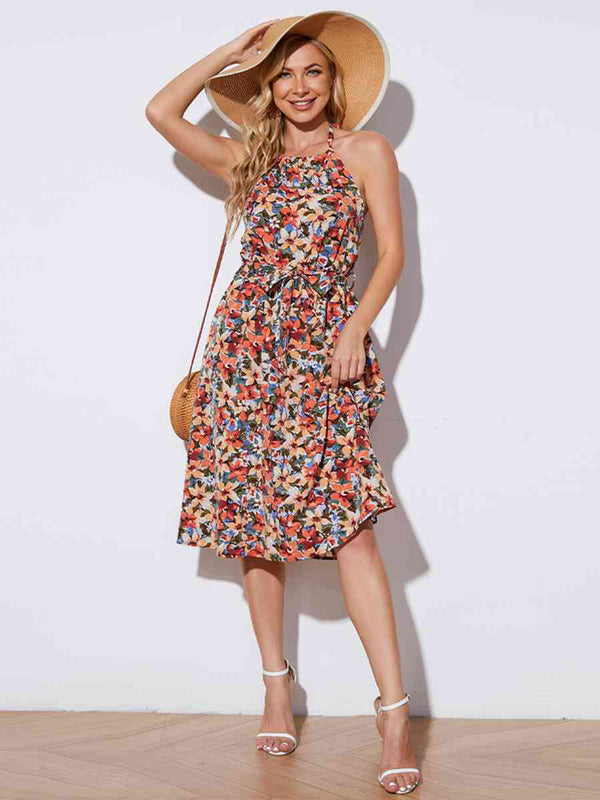 Floral Halter Neck Tie-Waist Backless Dress -BazaarBey - www.shopbazaarbey.com