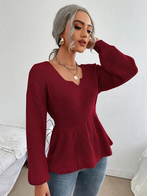 BazaarBey Notched Dropped Shoulder Knit Top 