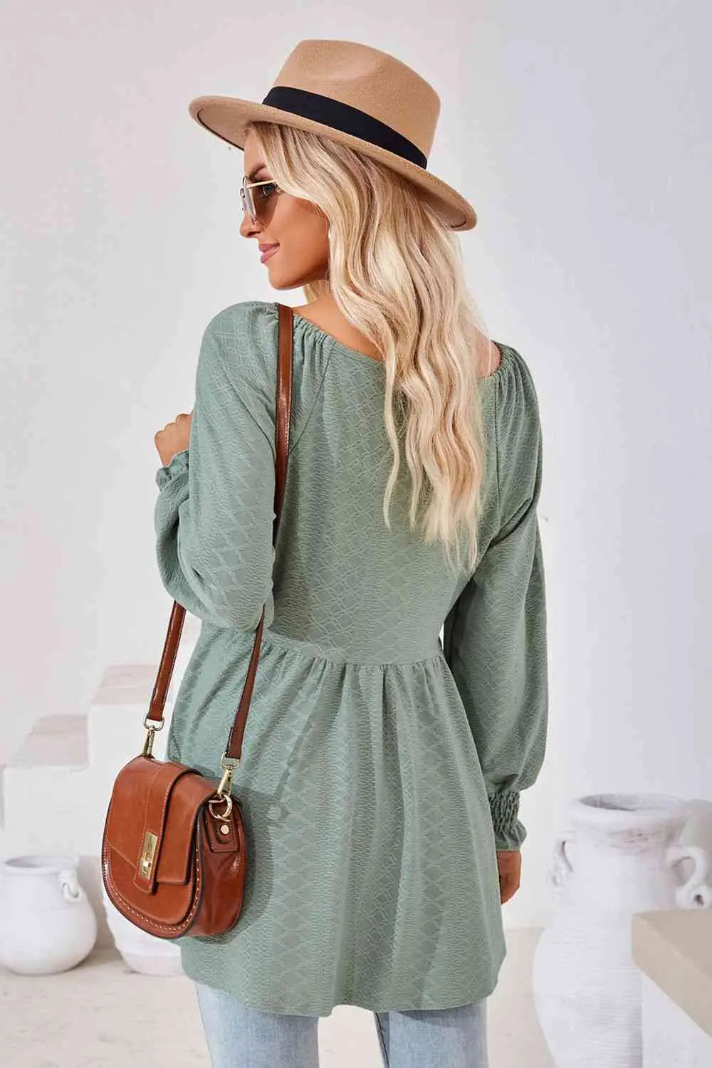 V-Neck Lantern Sleeve Blouse Bazaarbey