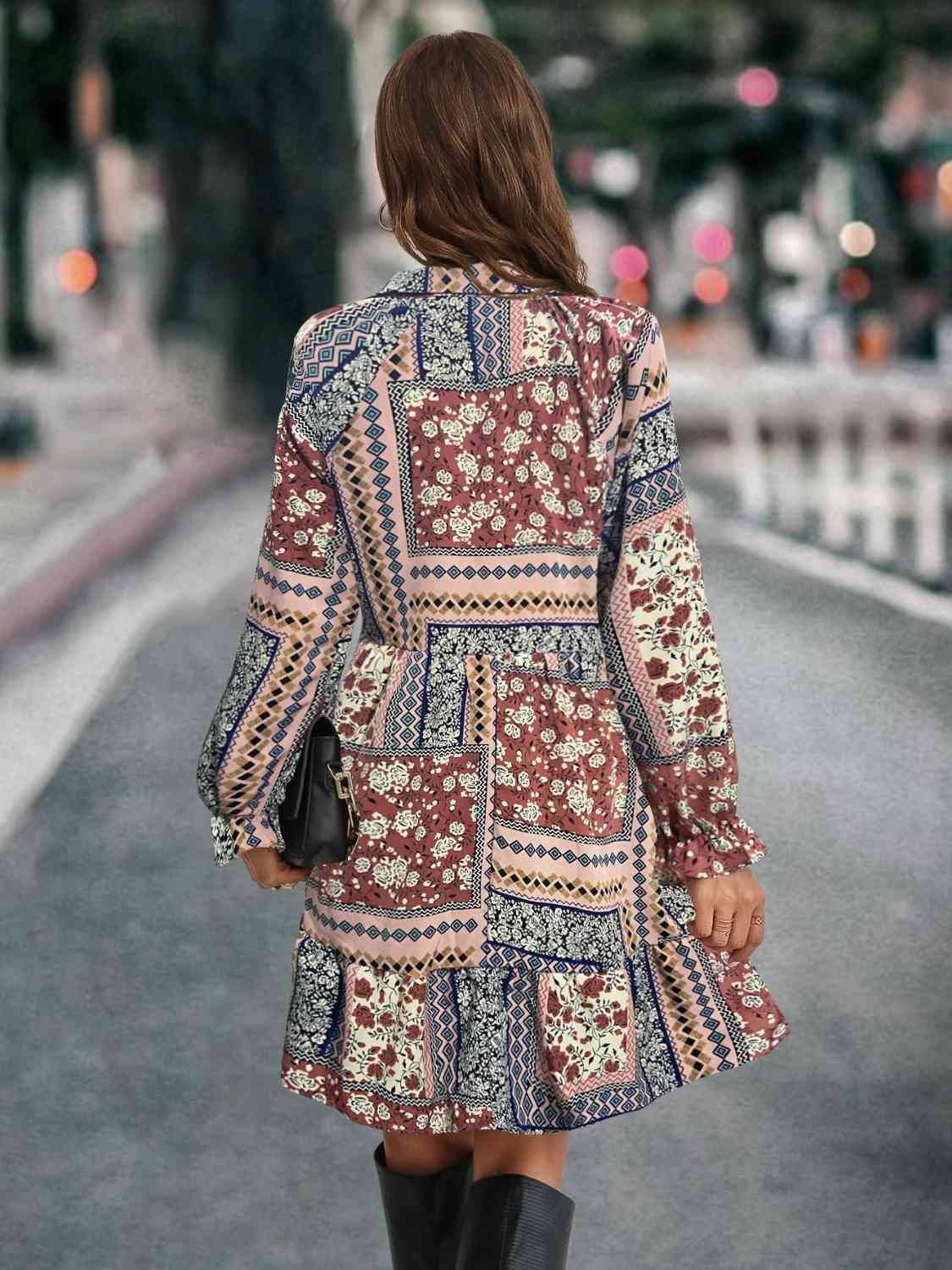 Printed Tie Front Flounce Sleeve Dress -BazaarBey - www.shopbazaarbey.com