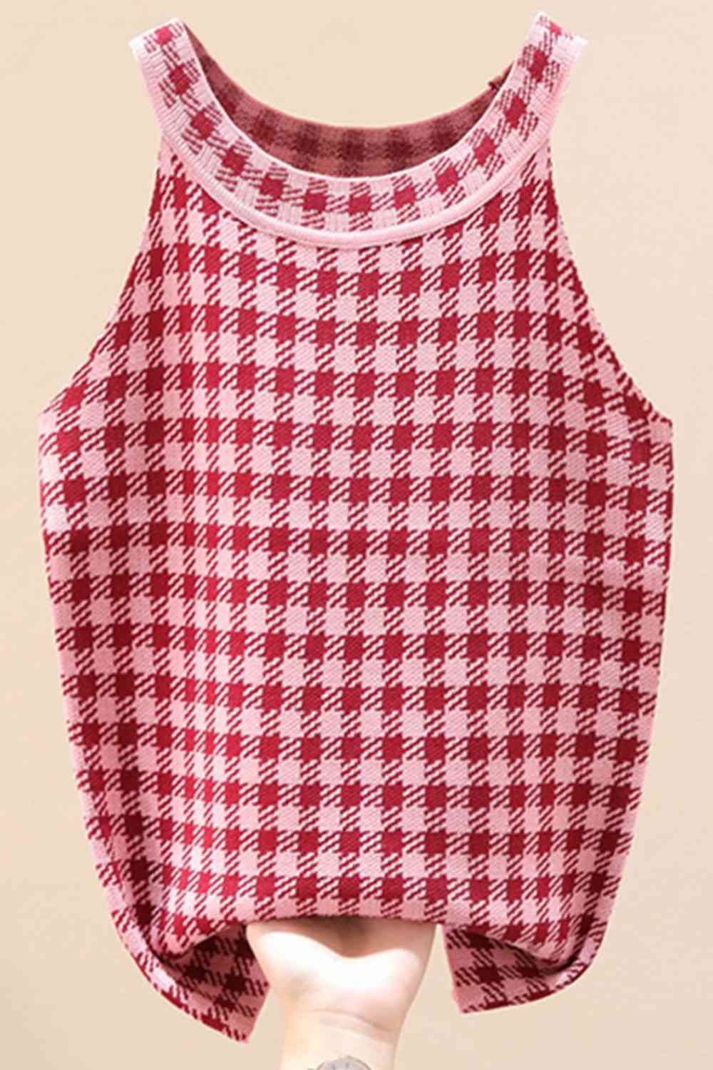 Plaid Round Neck Sleeveless Knit Top Trendsi
