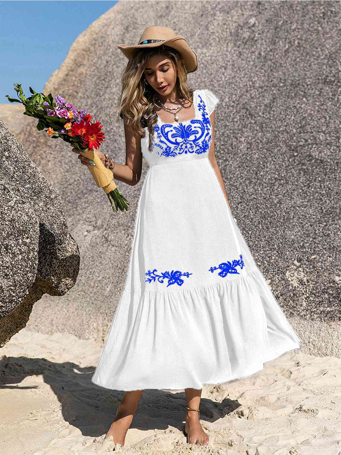 Embroidered Square Neck Ruffle Hem Dress -BazaarBey - www.shopbazaarbey.com